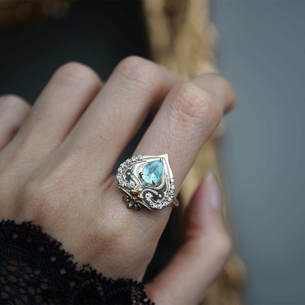 One Of A Kind: Paraiba Tourmaline Heart of Cairo Diamond Ring in 14K and 18K Gold