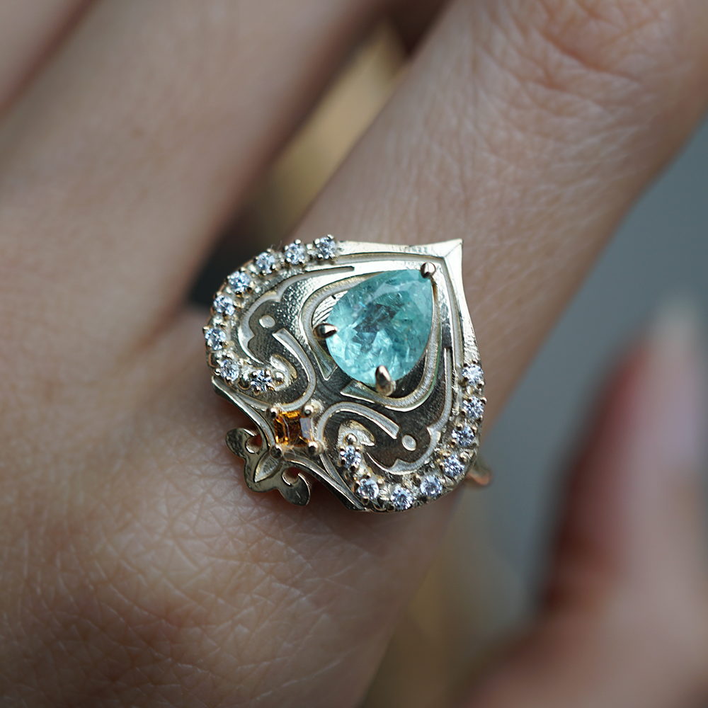 One Of A Kind: Paraiba Tourmaline Heart of Cairo Diamond Ring in 14K and 18K Gold