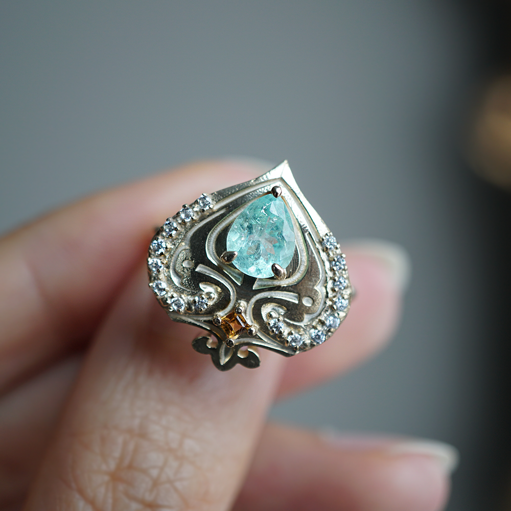 One Of A Kind: Paraiba Tourmaline Heart of Cairo Diamond Ring in 14K and 18K Gold