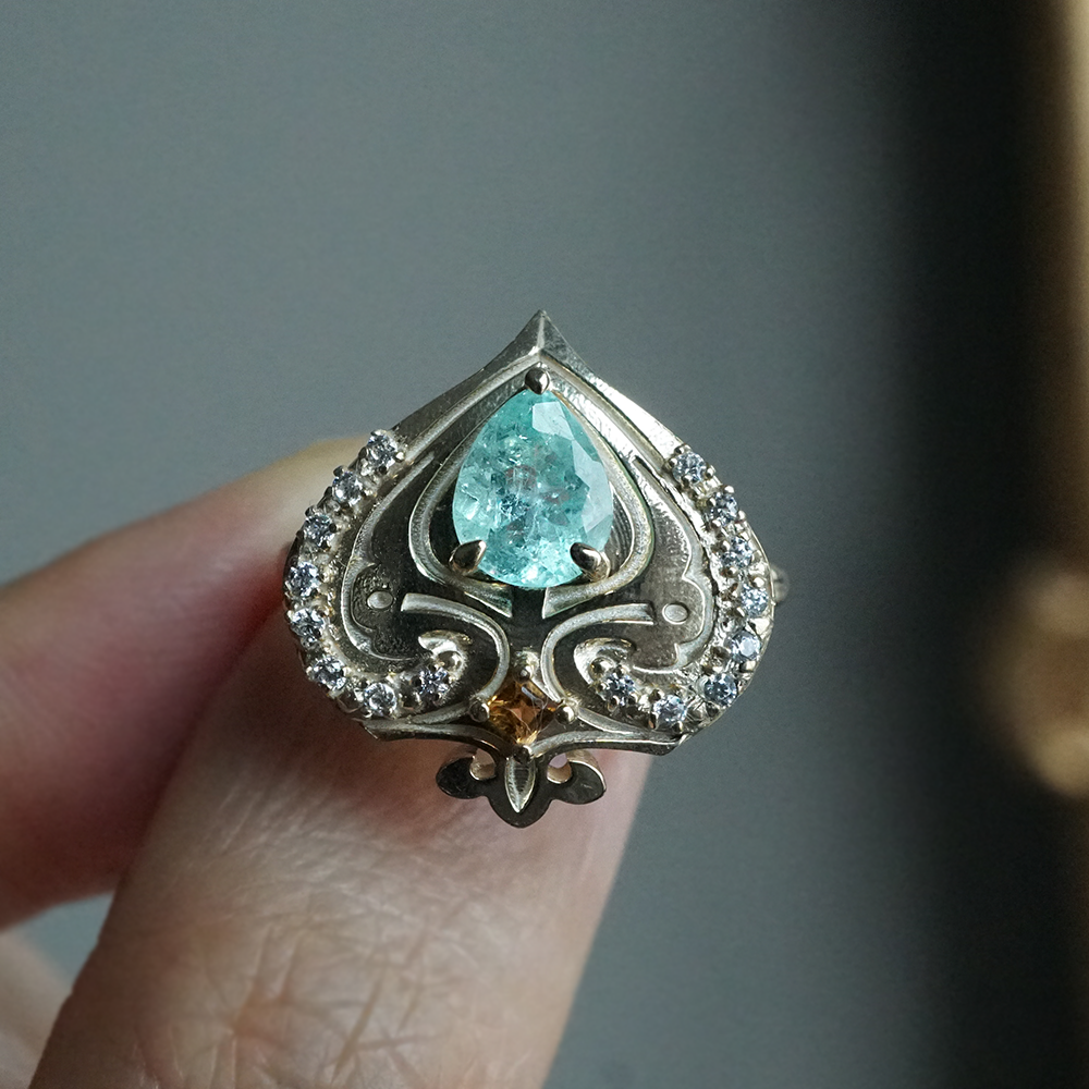 One Of A Kind: Paraiba Tourmaline Heart of Cairo Diamond Ring in 14K and 18K Gold