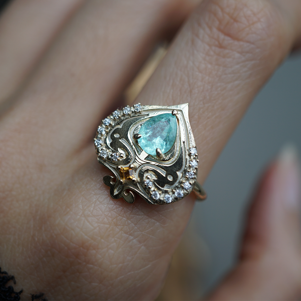 One Of A Kind: Paraiba Tourmaline Heart of Cairo Diamond Ring in 14K and 18K Gold