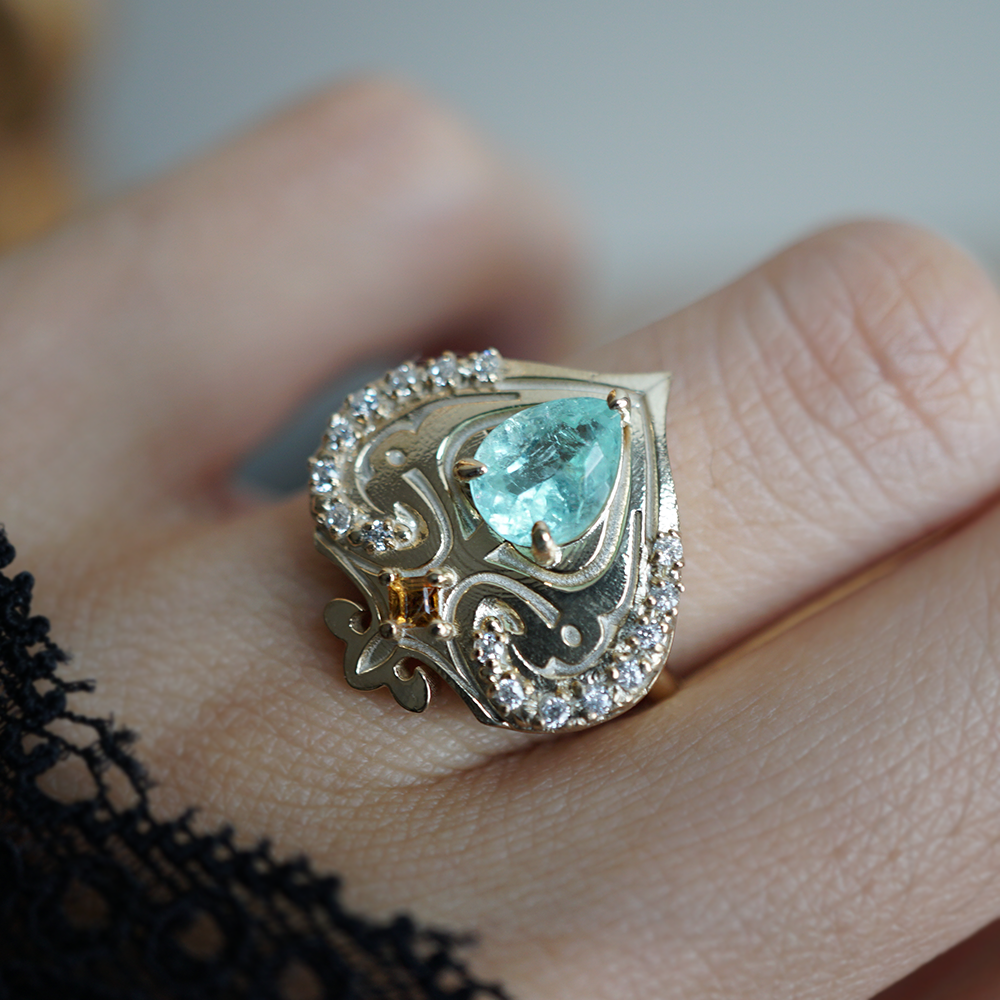 One Of A Kind: Paraiba Tourmaline Heart of Cairo Diamond Ring in 14K and 18K Gold