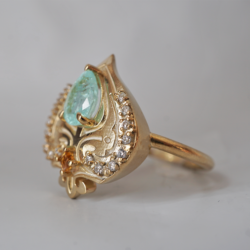 One Of A Kind: Paraiba Tourmaline Heart of Cairo Diamond Ring in 14K and 18K Gold