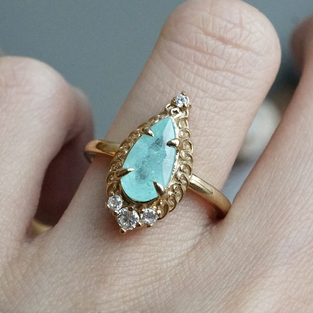 One Of A Kind: Paraiba Tourmaline Mosque Diamond Ring in 14K and 18K Gold