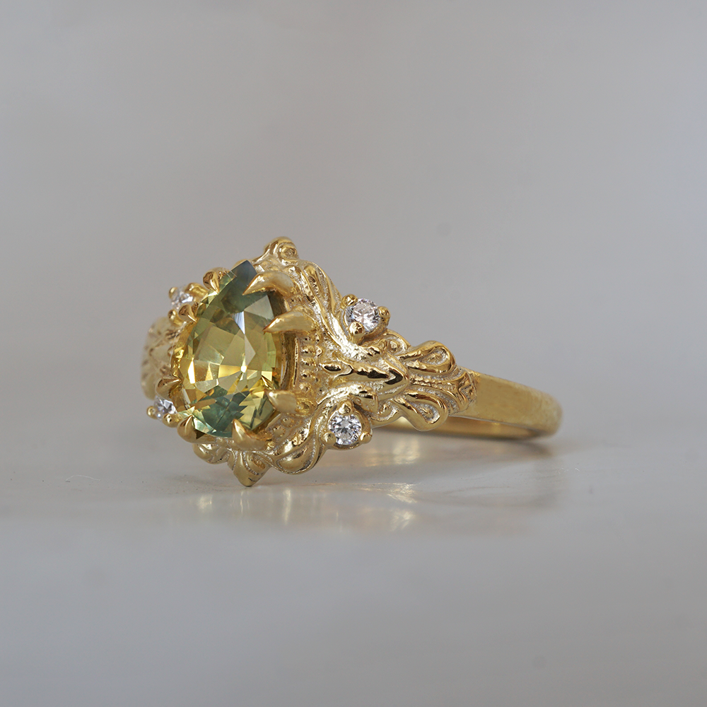 One Of A Kind: Bi-Color Pear Sapphire Dreamscape Diamond Ring in 14K and 18K Gold