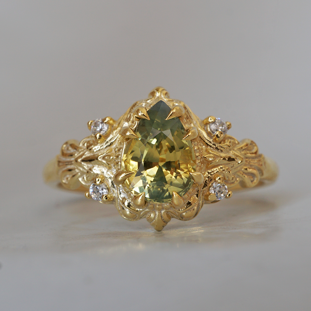 One Of A Kind: Bi-Color Pear Sapphire Dreamscape Diamond Ring in 14K and 18K Gold