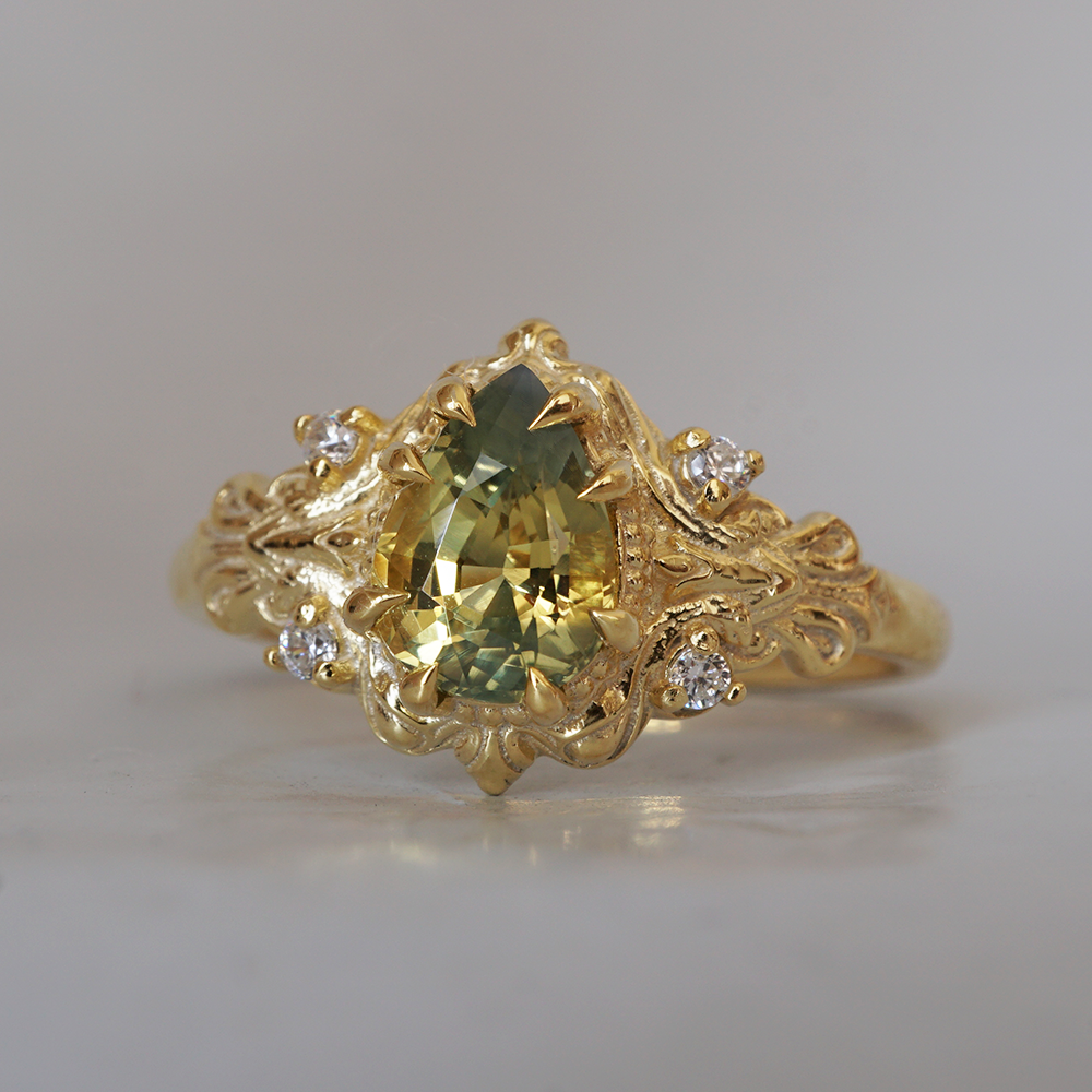 One Of A Kind: Bi-Color Pear Sapphire Dreamscape Diamond Ring in 14K and 18K Gold