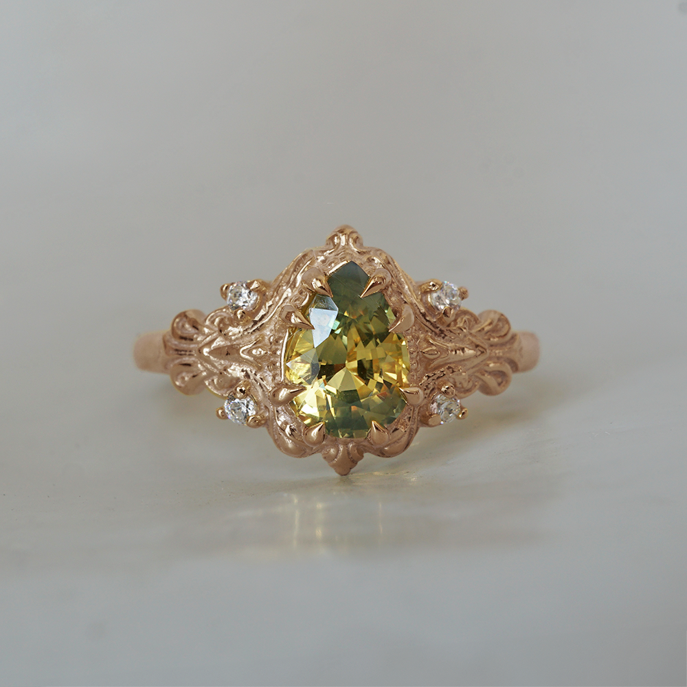 One Of A Kind: Bi-Color Pear Sapphire Dreamscape Diamond Ring in 14K and 18K Gold