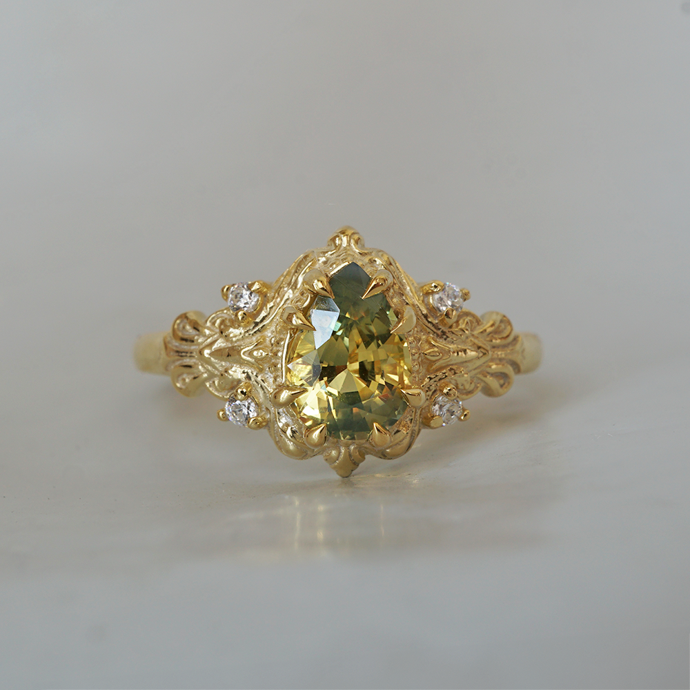 One Of A Kind: Bi-Color Pear Sapphire Dreamscape Diamond Ring in 14K and 18K Gold