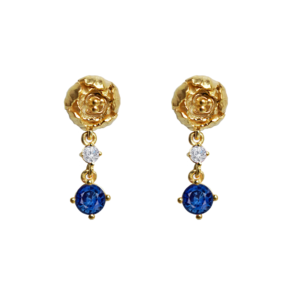 14K Peonies Blue Sapphire Diamond Earrings