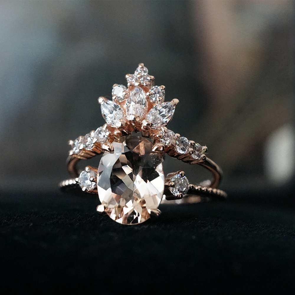 14K Princess Morganite Sunrise Ring Set