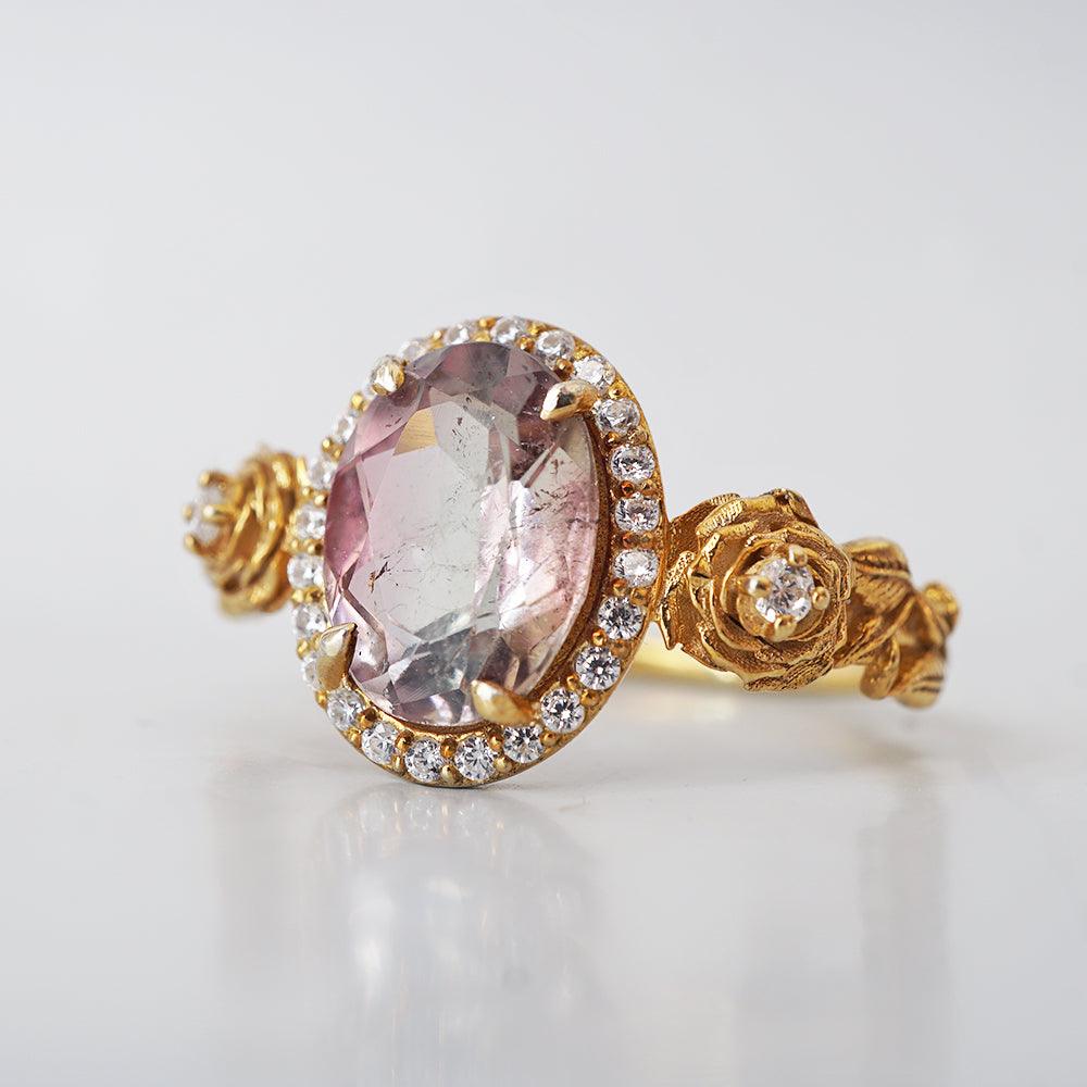 One Of A Kind: Watermelon Tourmaline Rose Diamond Ring in 14K and 18K Gold - Tippy Taste Jewelry