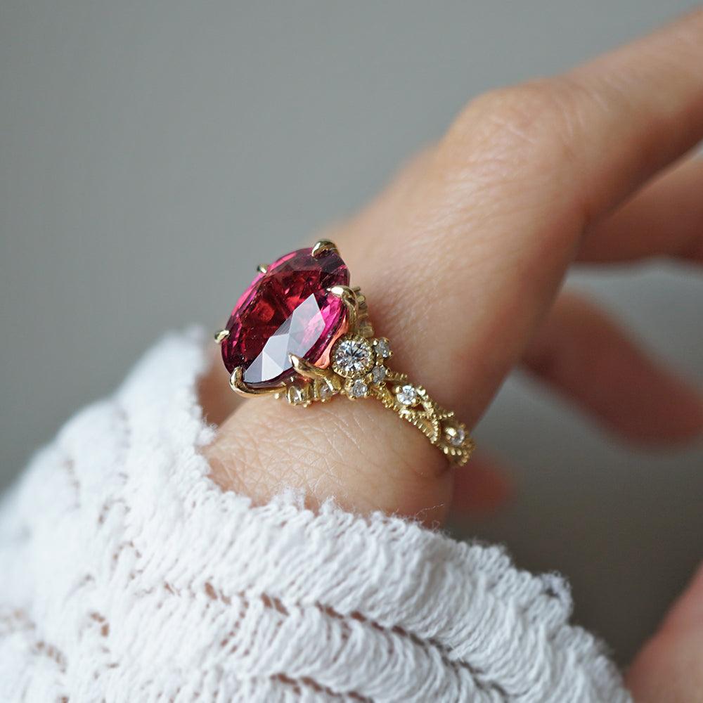 One Of A Kind: Oval Rubellite Queen Victoria Diamond Ring in 14K and 18K Gold - Tippy Taste Jewelry