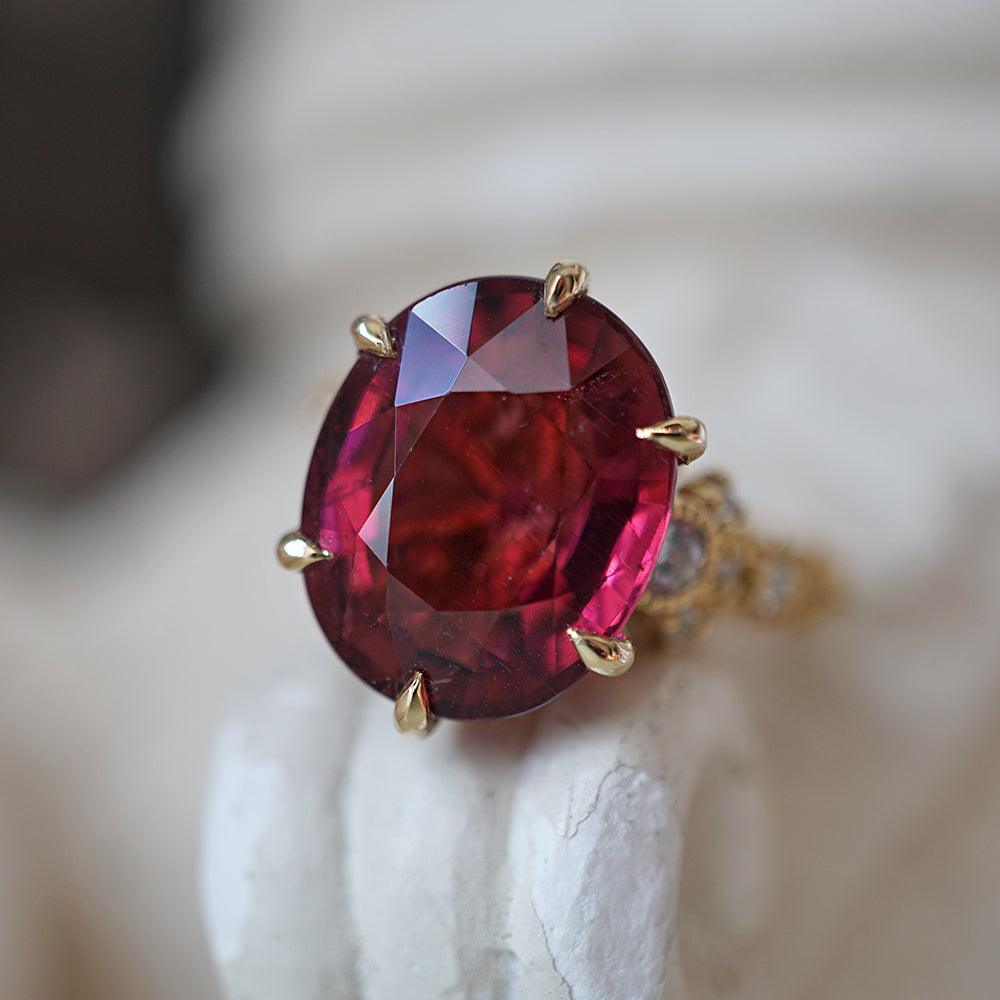 One Of A Kind: Oval Rubellite Queen Victoria Diamond Ring in 14K and 18K Gold - Tippy Taste Jewelry