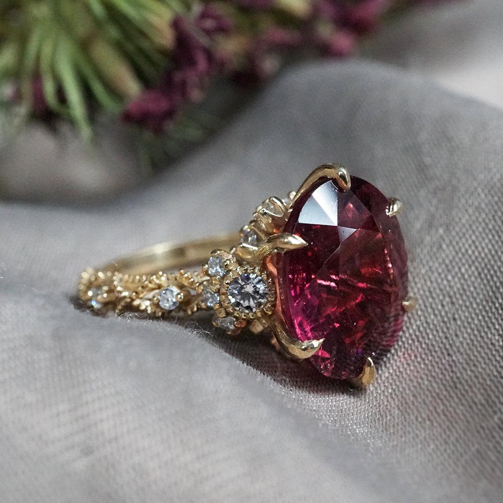 One Of A Kind: Oval Rubellite Queen Victoria Diamond Ring in 14K and 18K Gold - Tippy Taste Jewelry