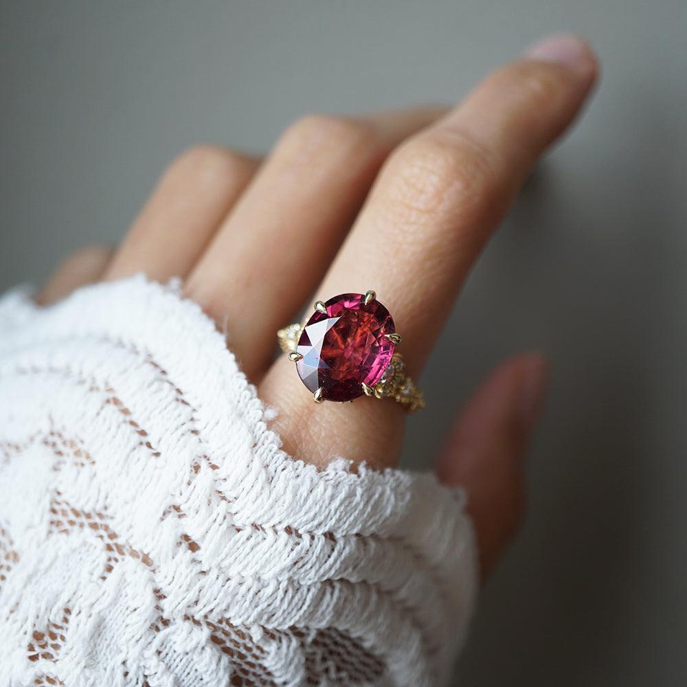 One Of A Kind: Oval Rubellite Queen Victoria Diamond Ring in 14K and 18K Gold - Tippy Taste Jewelry