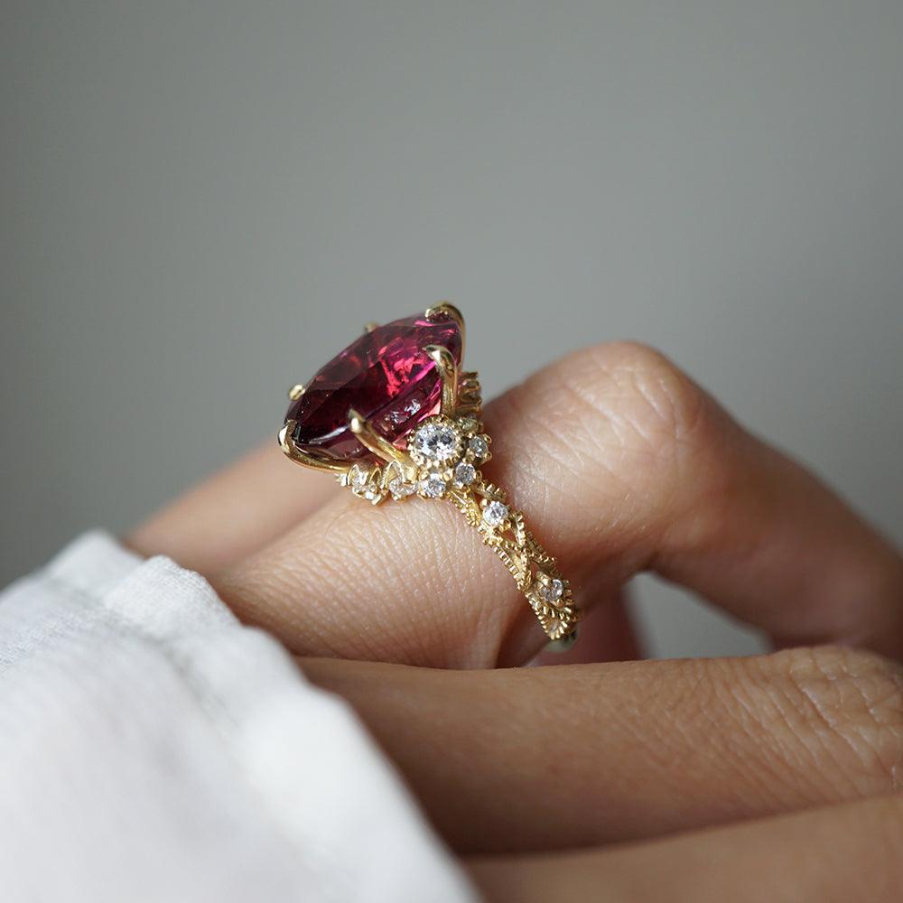 One Of A Kind: Oval Rubellite Queen Victoria Diamond Ring in 14K and 18K Gold - Tippy Taste Jewelry