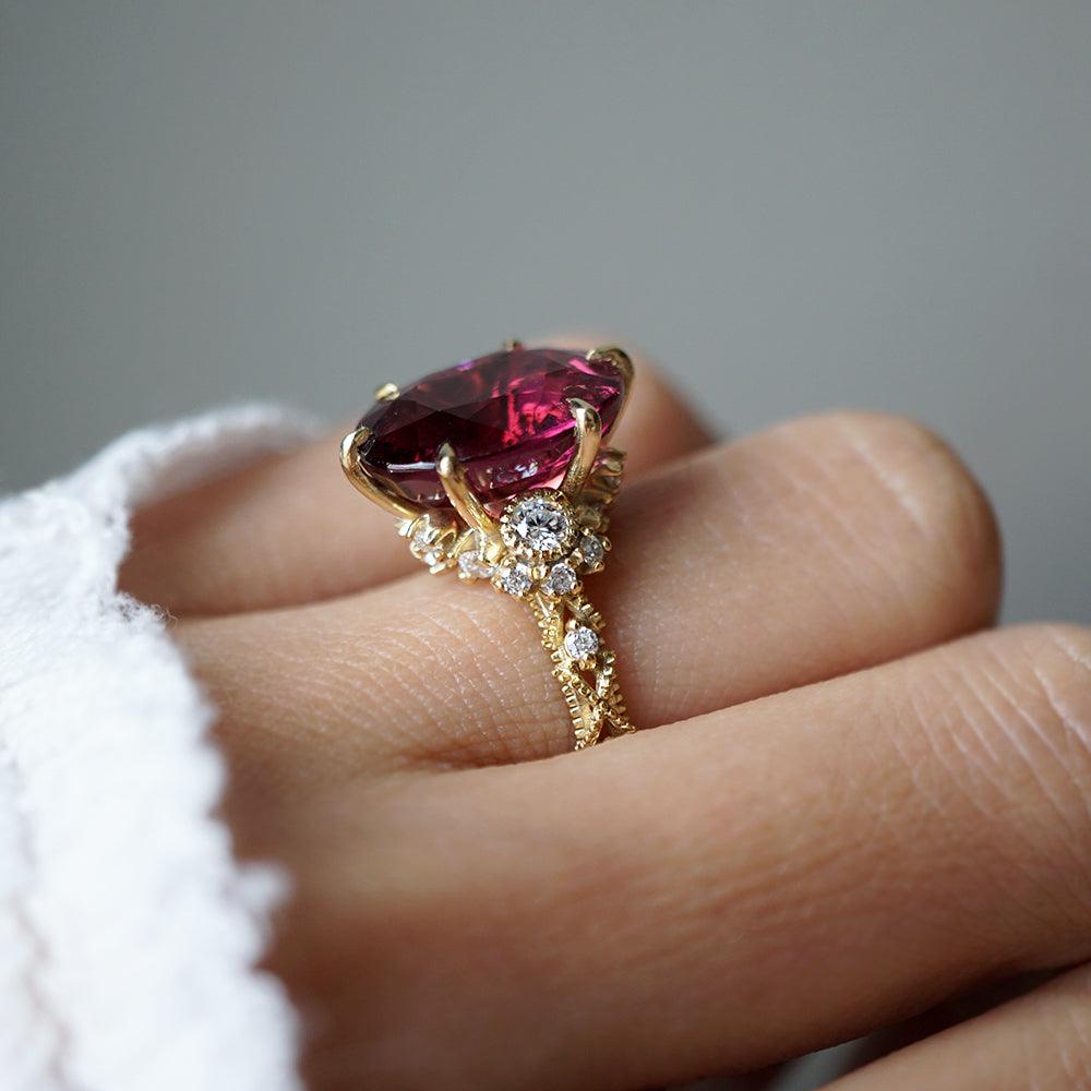 One Of A Kind: Oval Rubellite Queen Victoria Diamond Ring in 14K and 18K Gold - Tippy Taste Jewelry