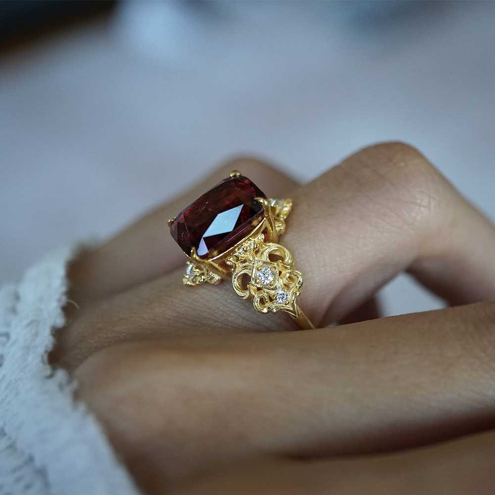 One Of A Kind: Stormy Sky Rubellite Tourmaline Diamond Ring in 14K and 18K Gold