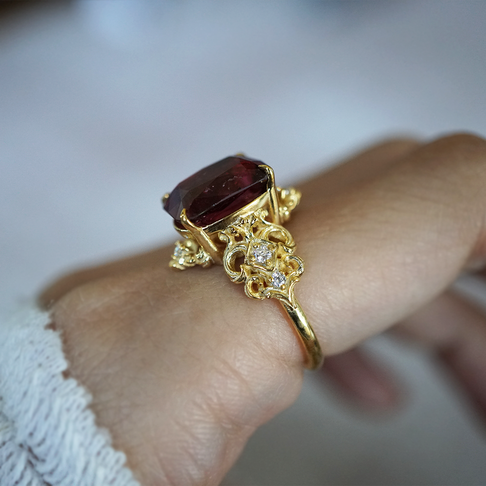 One Of A Kind: Stormy Sky Rubellite Tourmaline Diamond Ring in 14K and 18K Gold