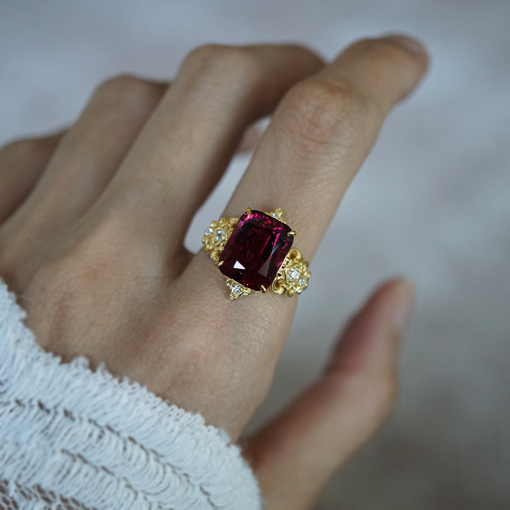 One Of A Kind: Stormy Sky Rubellite Tourmaline Diamond Ring in 14K and 18K Gold