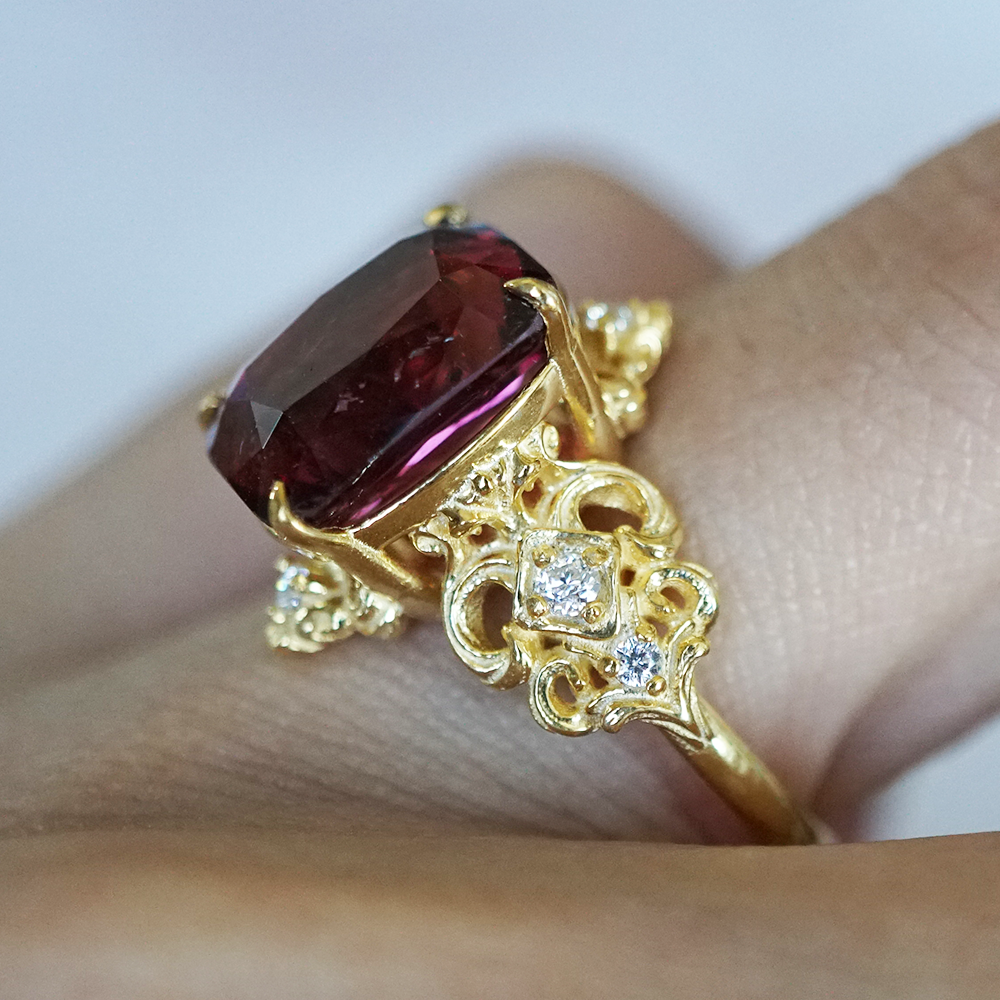 One Of A Kind: Stormy Sky Rubellite Tourmaline Diamond Ring in 14K and 18K Gold