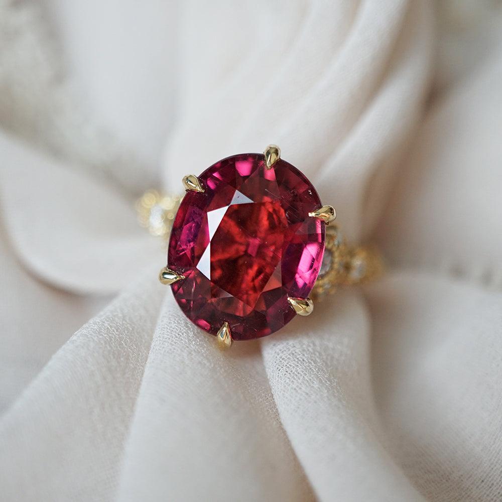 One Of A Kind: Oval Rubellite Queen Victoria Diamond Ring in 14K and 18K Gold - Tippy Taste Jewelry