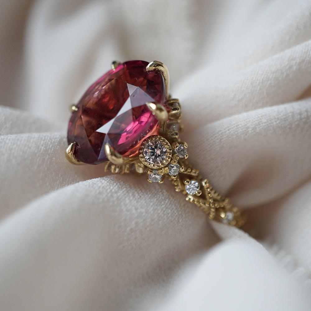 One Of A Kind: Oval Rubellite Queen Victoria Diamond Ring in 14K and 18K Gold - Tippy Taste Jewelry