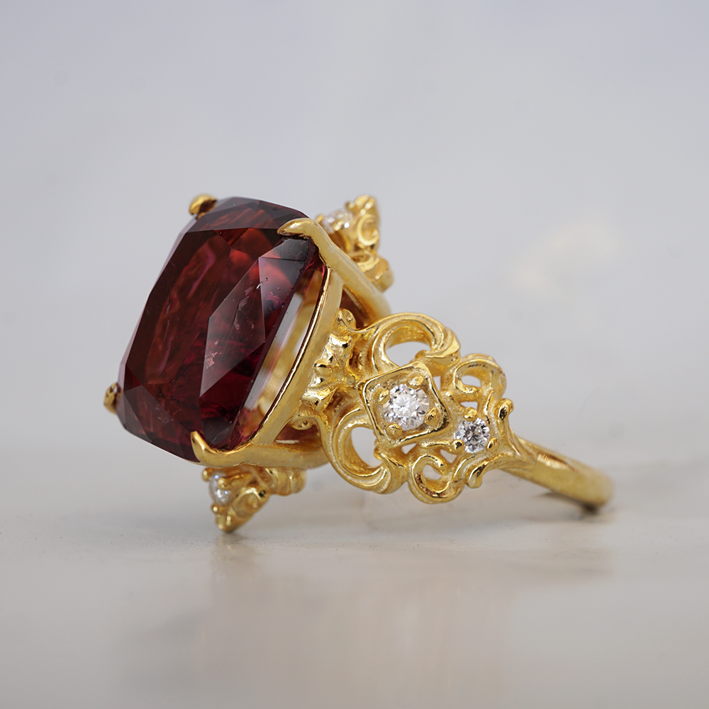 One Of A Kind: Stormy Sky Rubellite Tourmaline Diamond Ring in 14K and 18K Gold