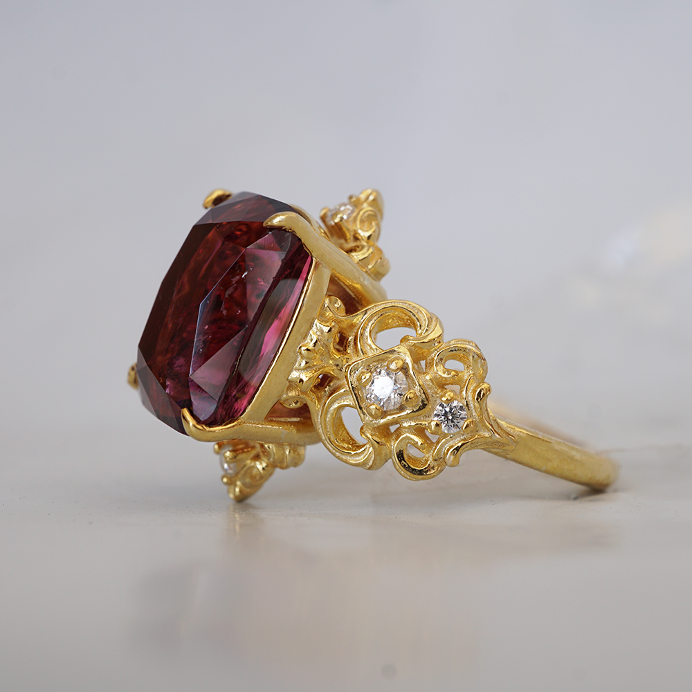 One Of A Kind: Stormy Sky Rubellite Tourmaline Diamond Ring in 14K and 18K Gold