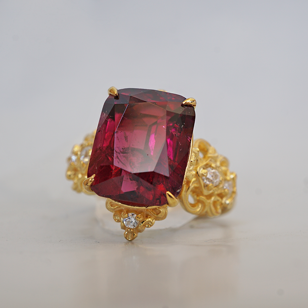 One Of A Kind: Stormy Sky Rubellite Tourmaline Diamond Ring in 14K and 18K Gold