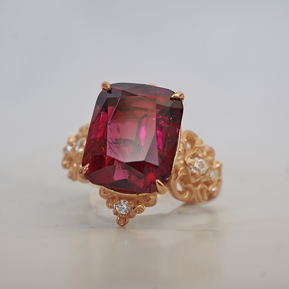 One Of A Kind: Stormy Sky Rubellite Tourmaline Diamond Ring in 14K and 18K Gold