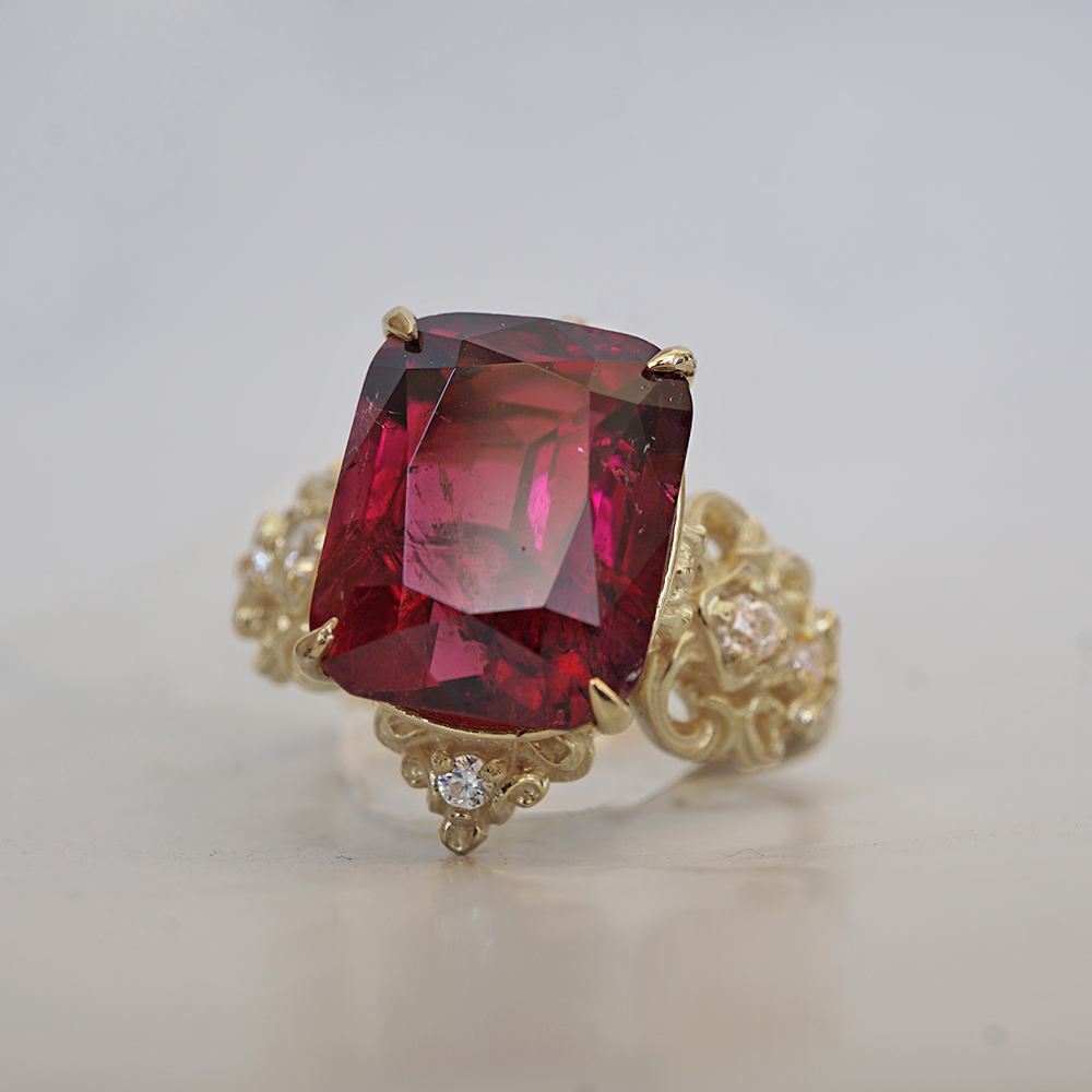 One Of A Kind: Stormy Sky Rubellite Tourmaline Diamond Ring in 14K and 18K Gold