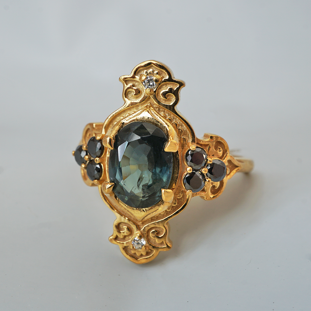 Limited Edition: Teal Sapphire Sands of Time Black Diamond Ring in 14K and 18K Gold