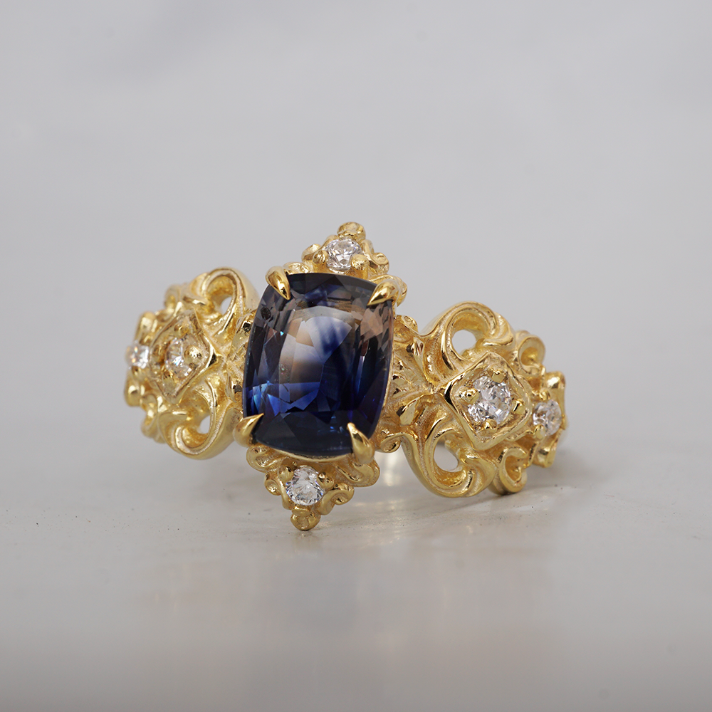 One Of A Kind: Stormy Sky Bi-Color Sapphire Diamond Ring in 14K and 18K Gold