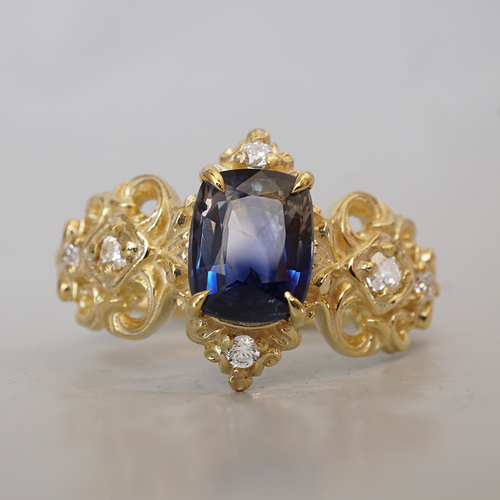 One Of A Kind: Stormy Sky Bi-Color Sapphire Diamond Ring in 14K and 18K Gold