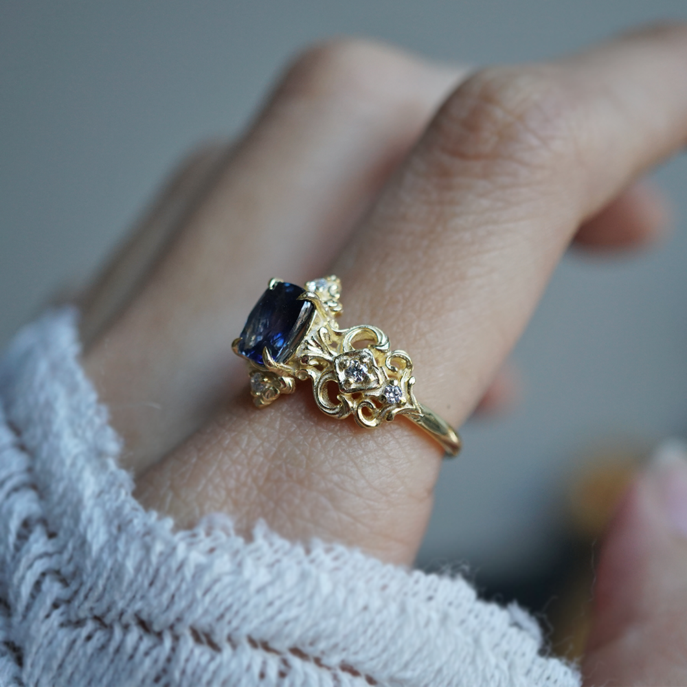 One Of A Kind: Stormy Sky Bi-Color Sapphire Diamond Ring in 14K and 18K Gold