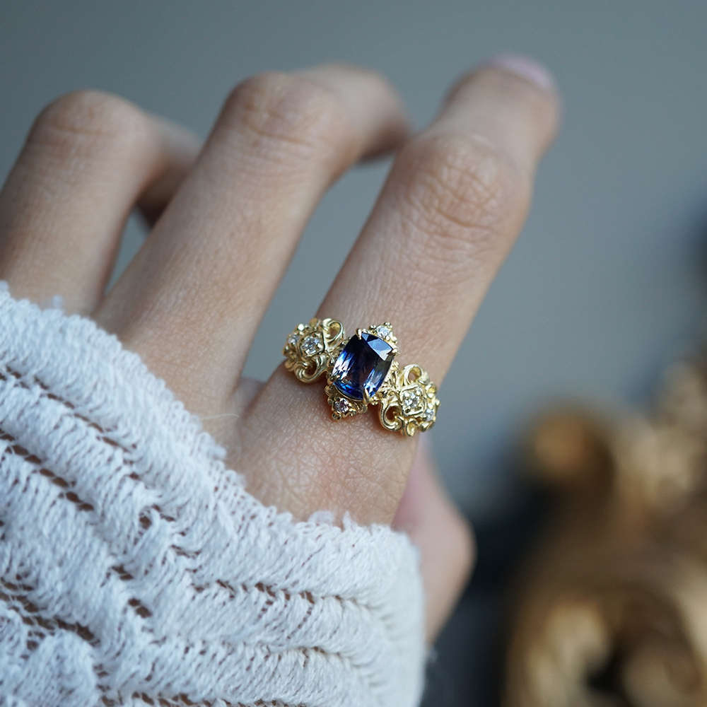 One Of A Kind: Stormy Sky Bi-Color Sapphire Diamond Ring in 14K and 18K Gold