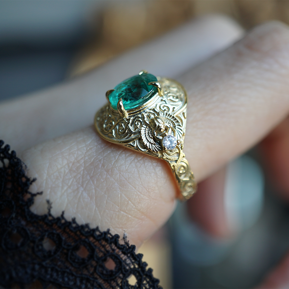 Emerald Scarab Ring in 14K and 18K Gold