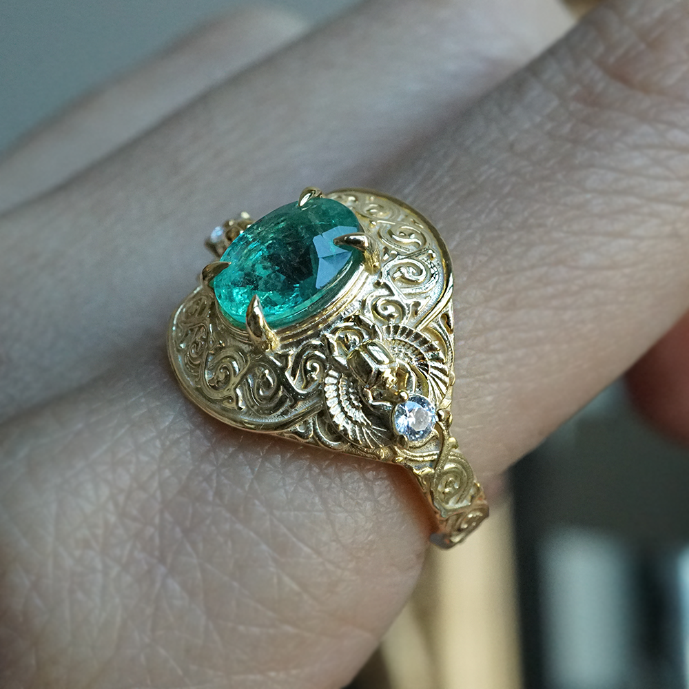 Emerald Scarab Ring in 14K and 18K Gold