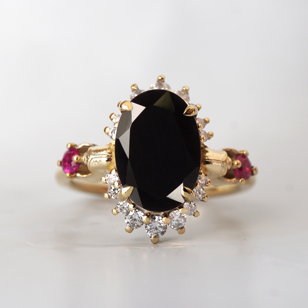 Black Onyx and Ruby Scarab Diamond Ring in 14K and 18K Gold