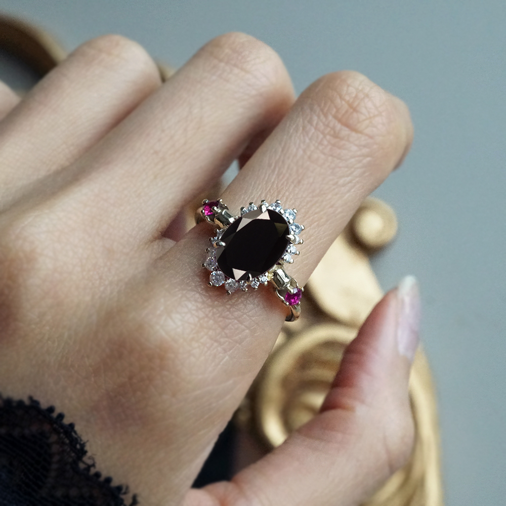 Black Onyx and Ruby Scarab Diamond Ring in 14K and 18K Gold