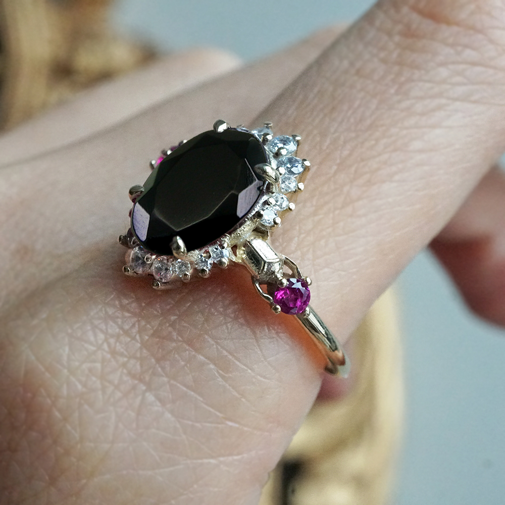 Black Onyx and Ruby Scarab Diamond Ring in 14K and 18K Gold