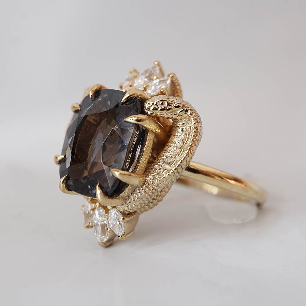 One Of A Kind: Metallic Black Spinel Cobra Diamond Ring in 14K and 18K Gold