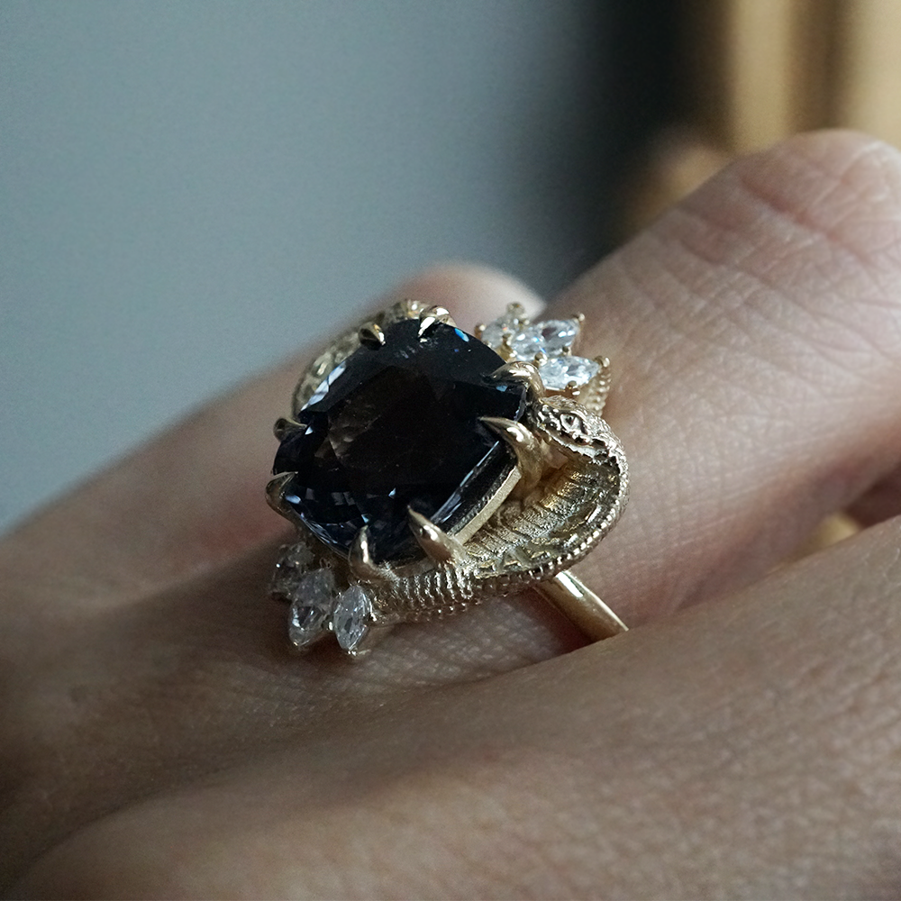 One Of A Kind: Metallic Black Spinel Cobra Diamond Ring in 14K and 18K Gold