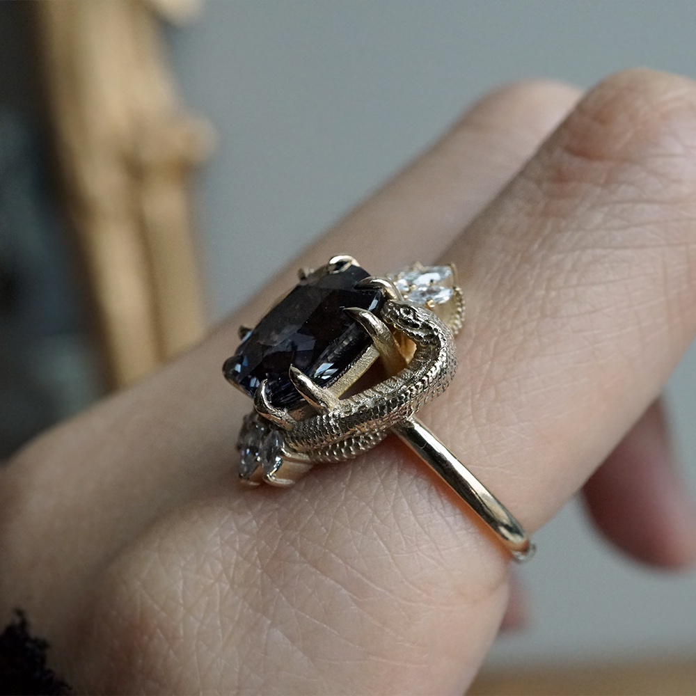 One Of A Kind: Metallic Black Spinel Cobra Diamond Ring in 14K and 18K Gold