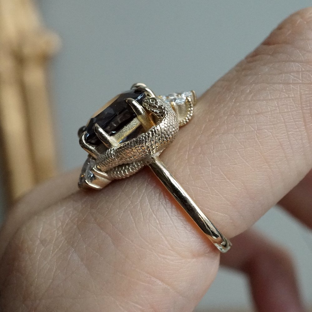 One Of A Kind: Metallic Black Spinel Cobra Diamond Ring in 14K and 18K Gold