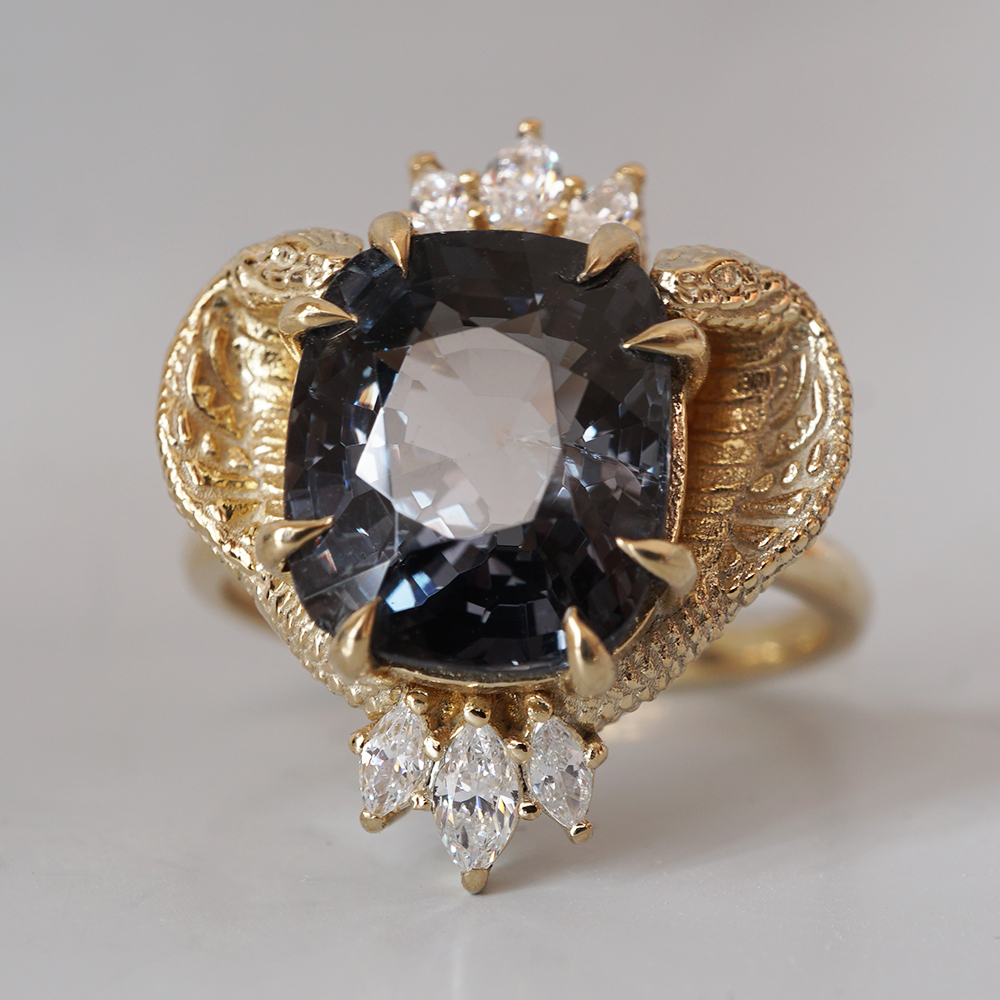 One Of A Kind: Metallic Black Spinel Cobra Diamond Ring in 14K and 18K Gold