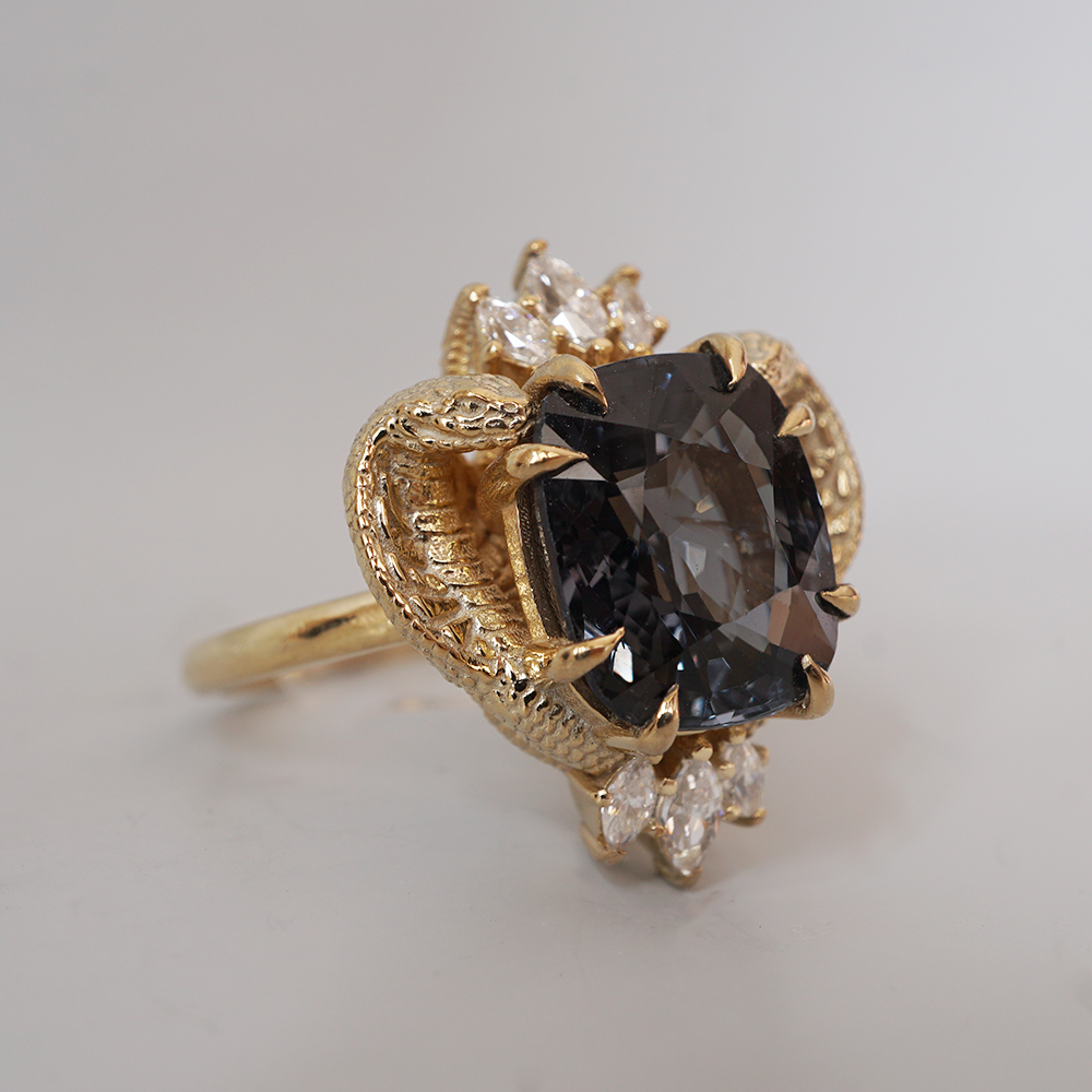 One Of A Kind: Metallic Black Spinel Cobra Diamond Ring in 14K and 18K Gold