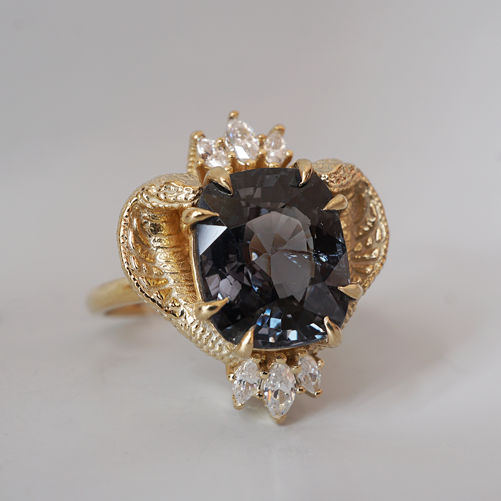 One Of A Kind: Metallic Black Spinel Cobra Diamond Ring in 14K and 18K Gold